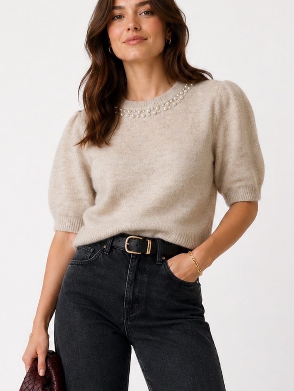 Joie Puff Short Sleeve Beige All Season Sweater with Pearl Detail Small NWT Soft